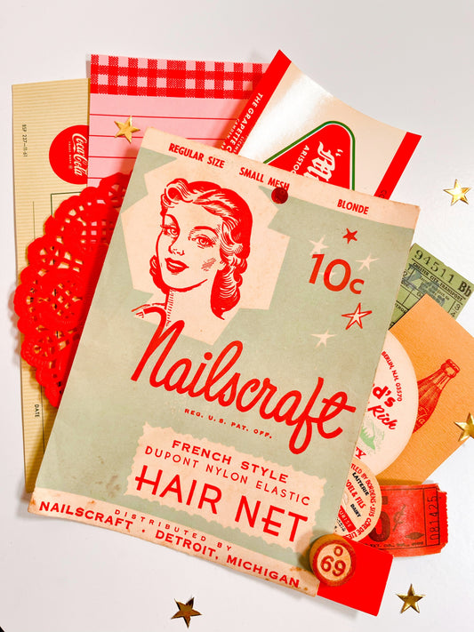 Vintage hair net envelope with coordinating vintage ephemera