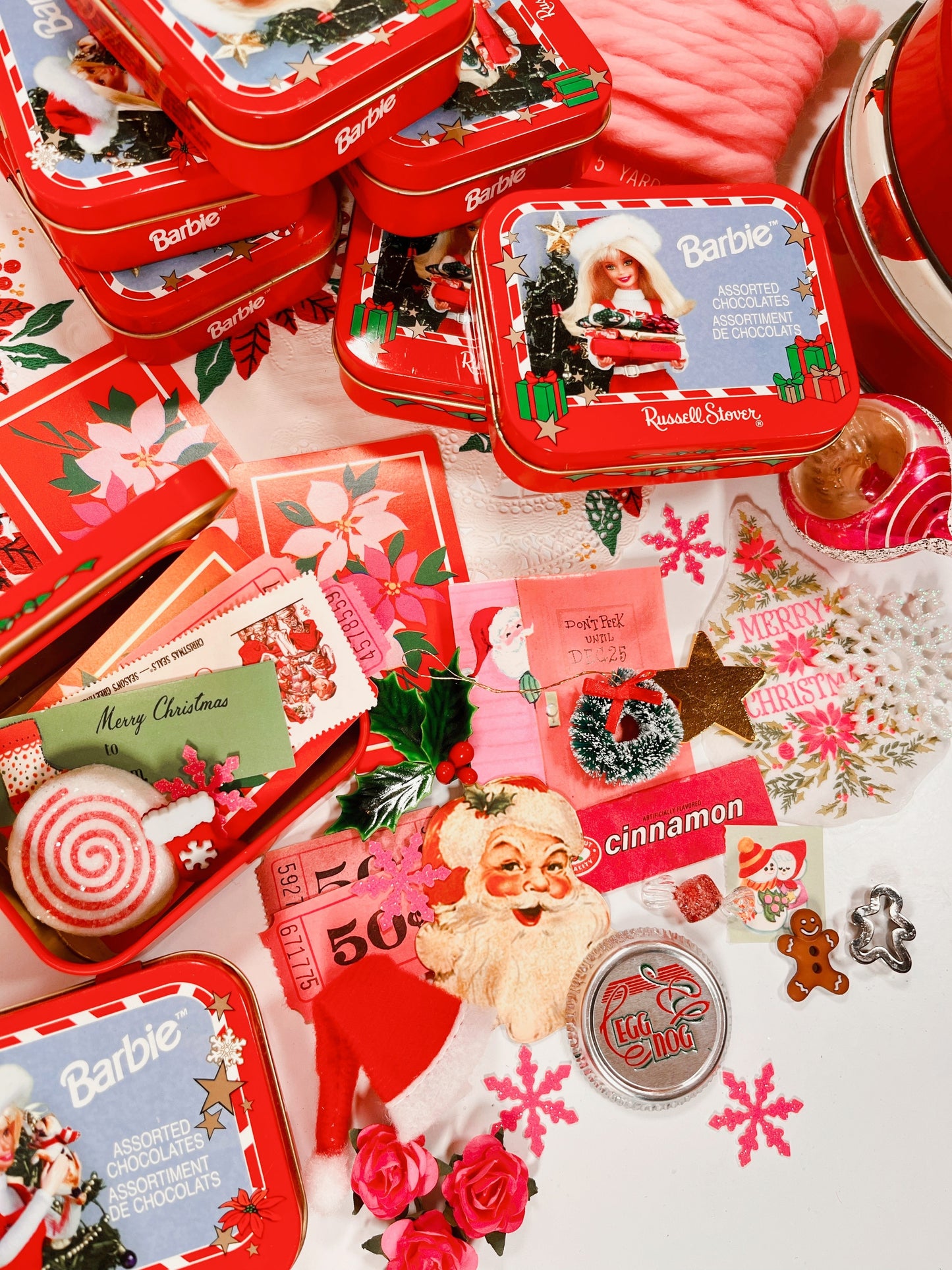 Vintage Barbie Christmas tins filled with embellishments & ephemera