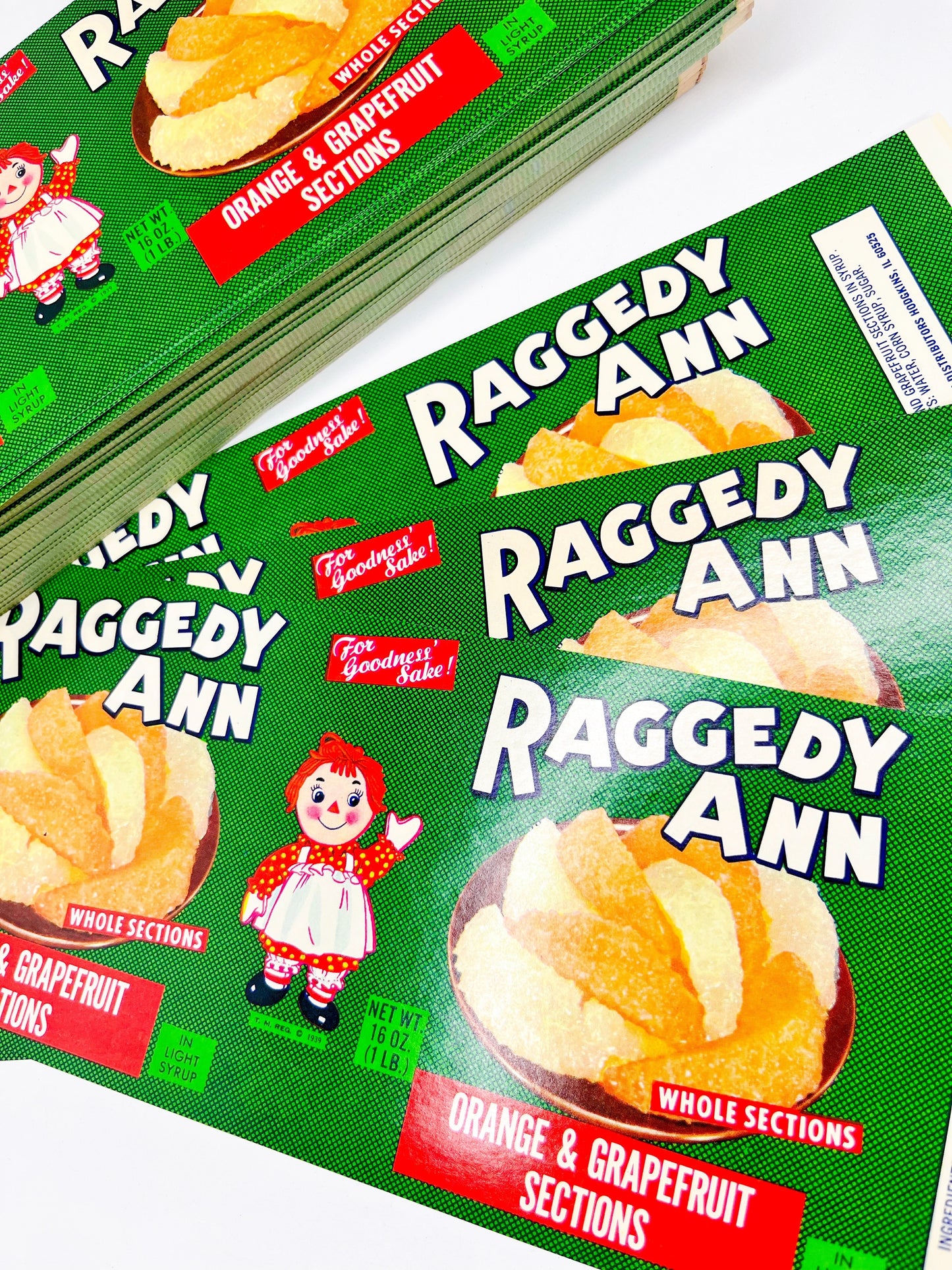 “Raggedy Ann” vintage fruit can labels, set of 3