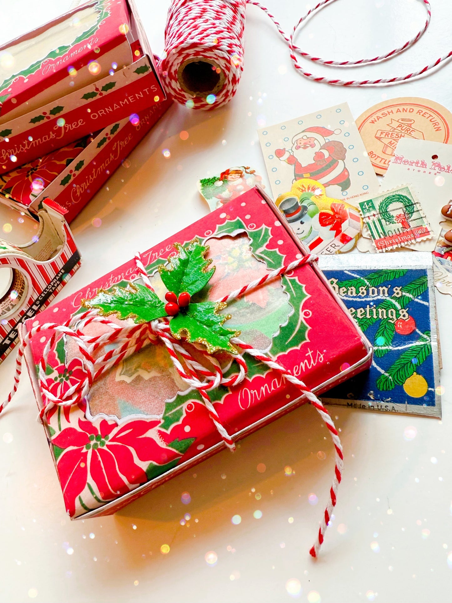 Reproduction ornament box filled with authentic vintage ephemera