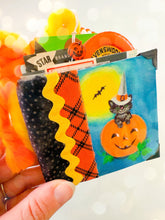 Load image into Gallery viewer, Vintage black cat & Jack O’ Lantern tally card handmade journal