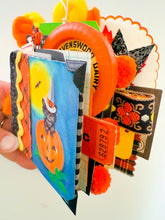 Load image into Gallery viewer, Vintage black cat & Jack O’ Lantern tally card handmade journal