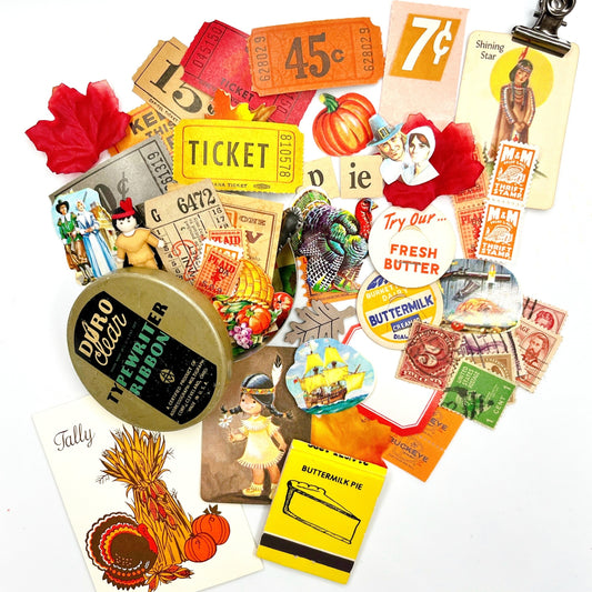 Vintage typewriter tin with Thanksgiving ephemera