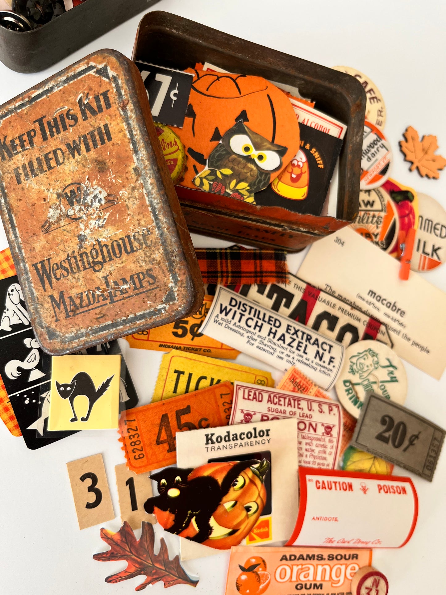 Halloween ephemera filled vintage tin (Westinghouse Lamps)