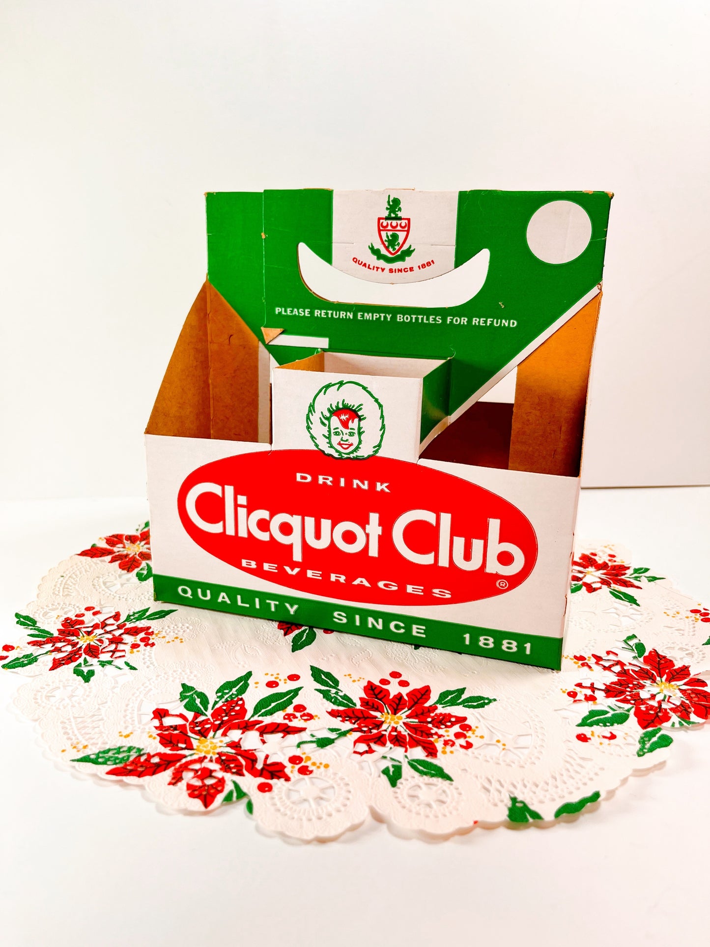 Vintage red & green Cliquot soda pack carton (set of 2)