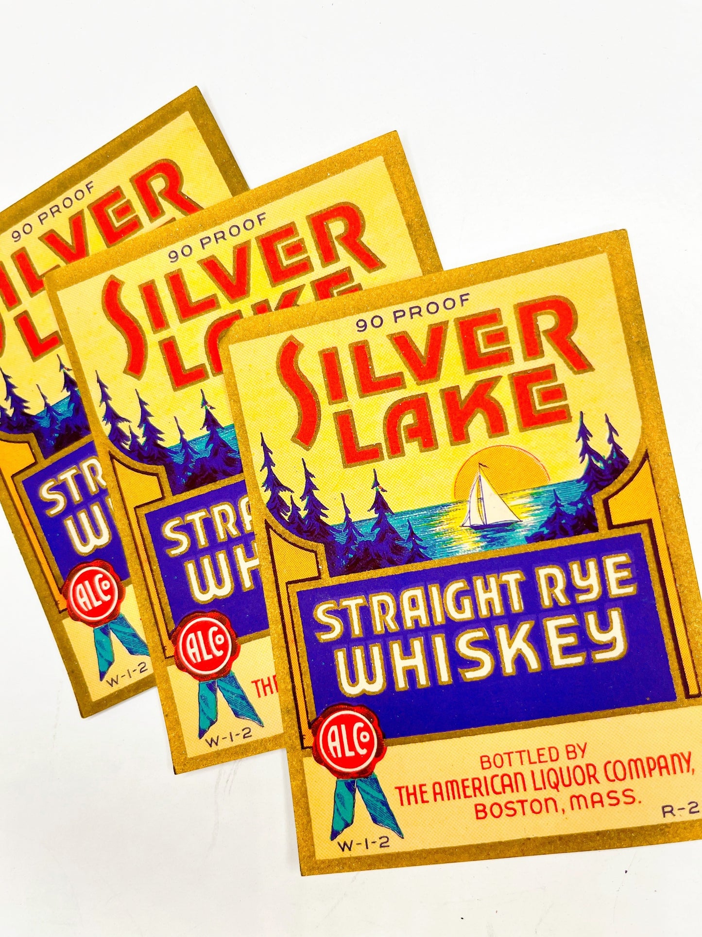 Vintage “Silver Lake” whiskey labels, set of 3