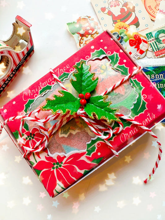 Reproduction ornament box filled with authentic vintage ephemera