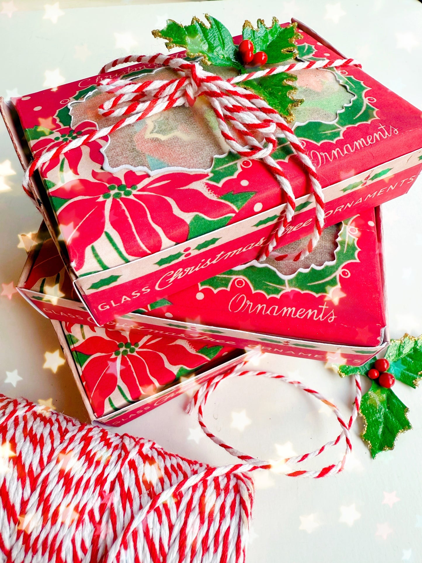 Reproduction ornament box filled with authentic vintage ephemera