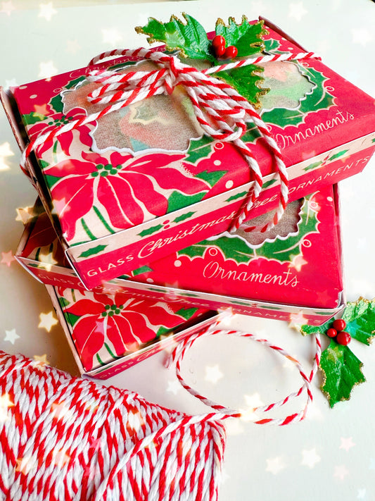 Reproduction ornament box filled with authentic vintage ephemera