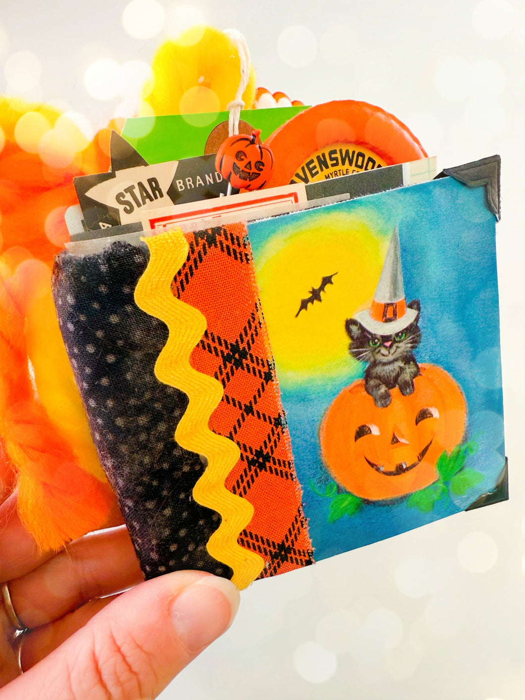Vintage black cat & Jack O’ Lantern tally card handmade journal