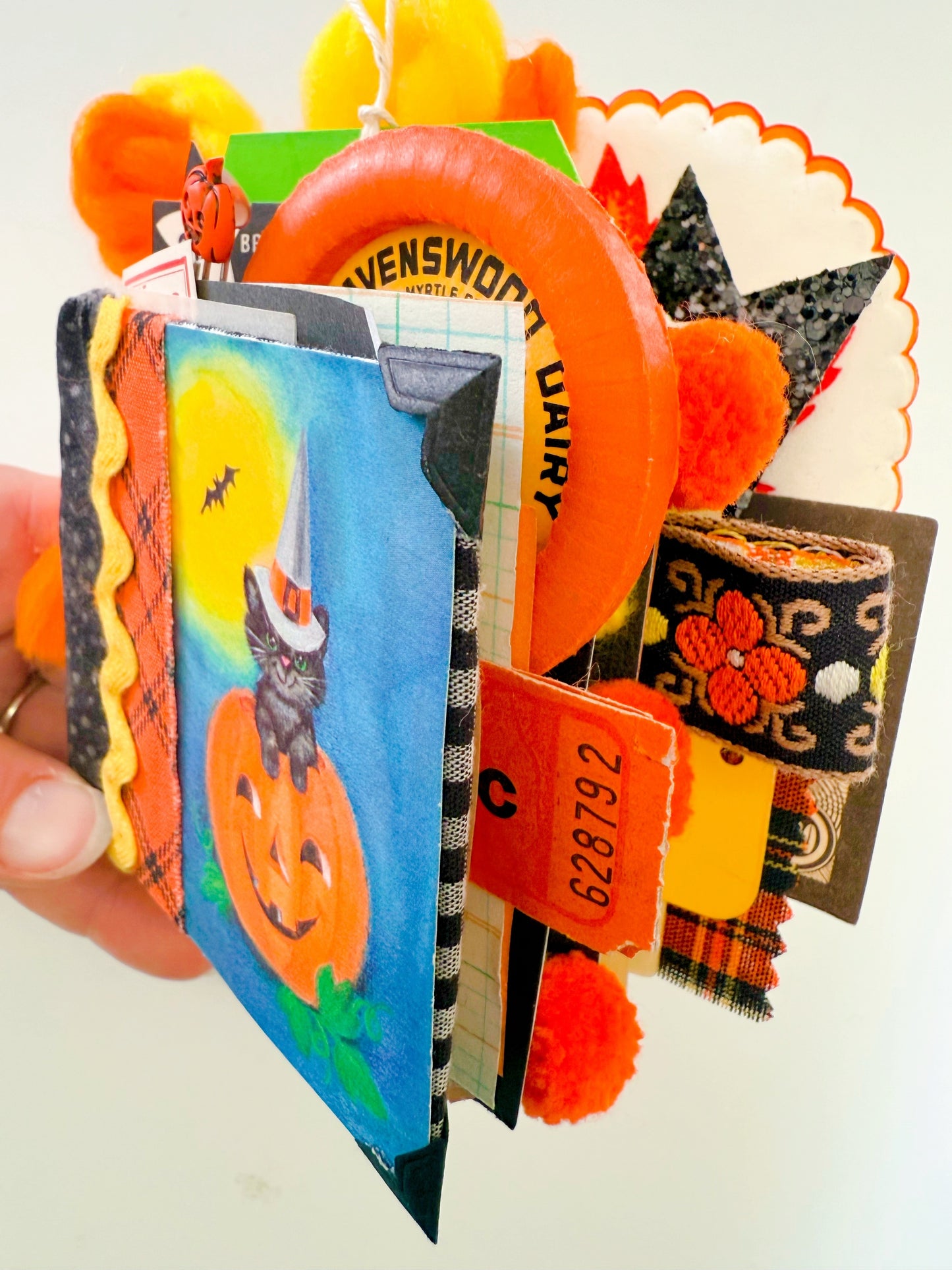 Vintage black cat & Jack O’ Lantern tally card handmade journal