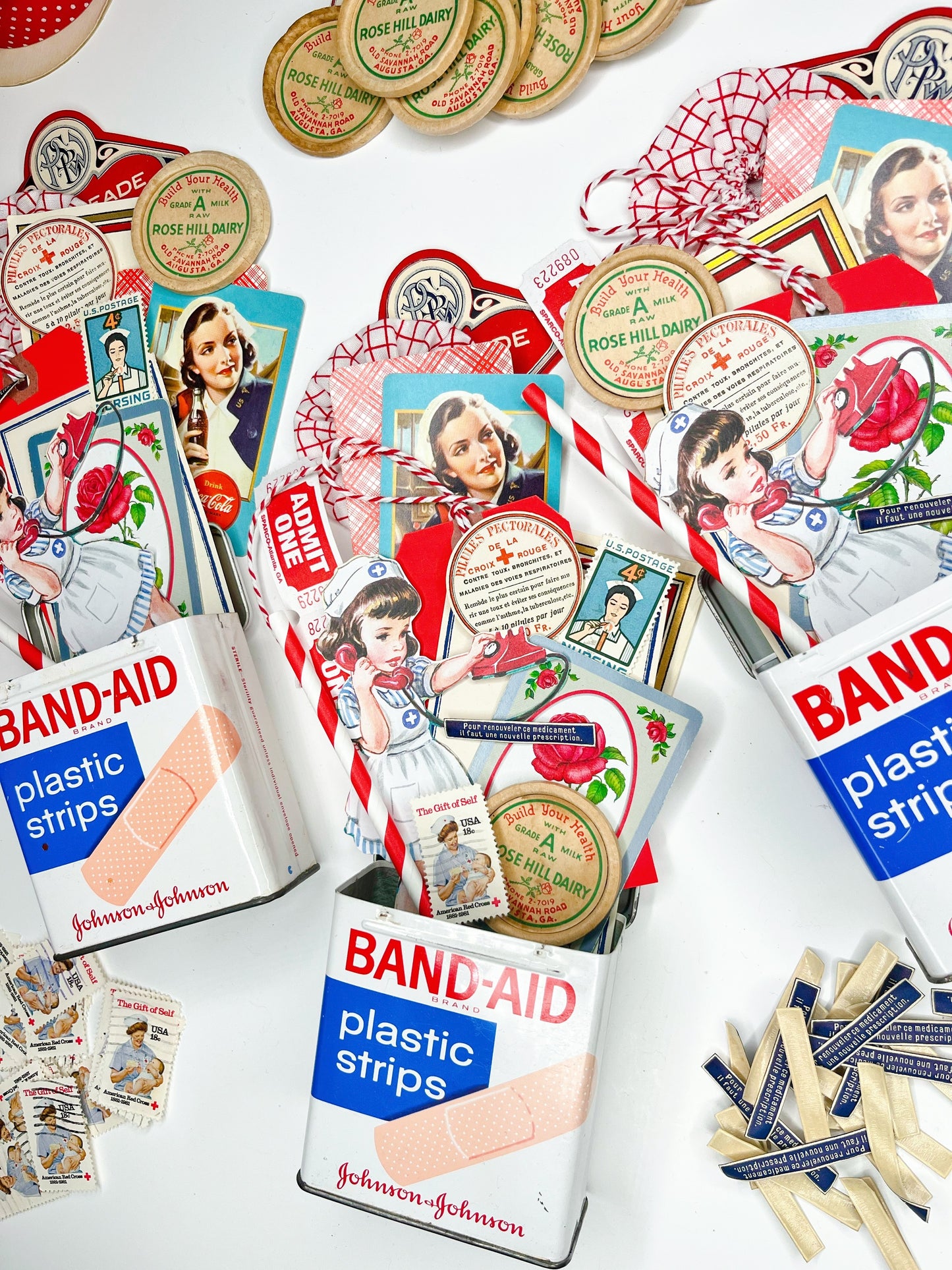 “Thank a Nurse” ephemera in a vintage Band-Aid tin