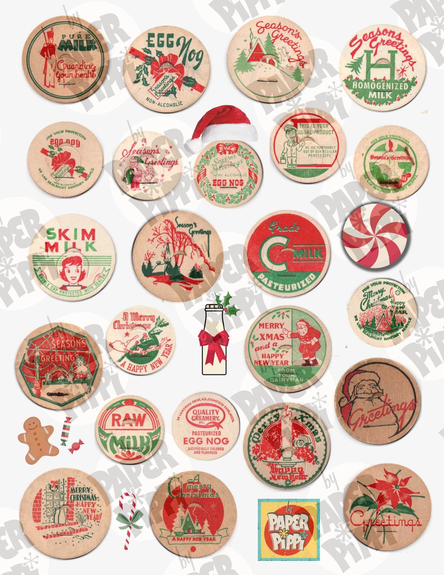 Vintage Christmas milk bottle caps digital download printable