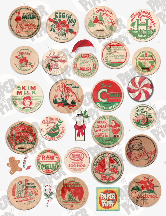 Vintage Christmas milk bottle caps digital download printable