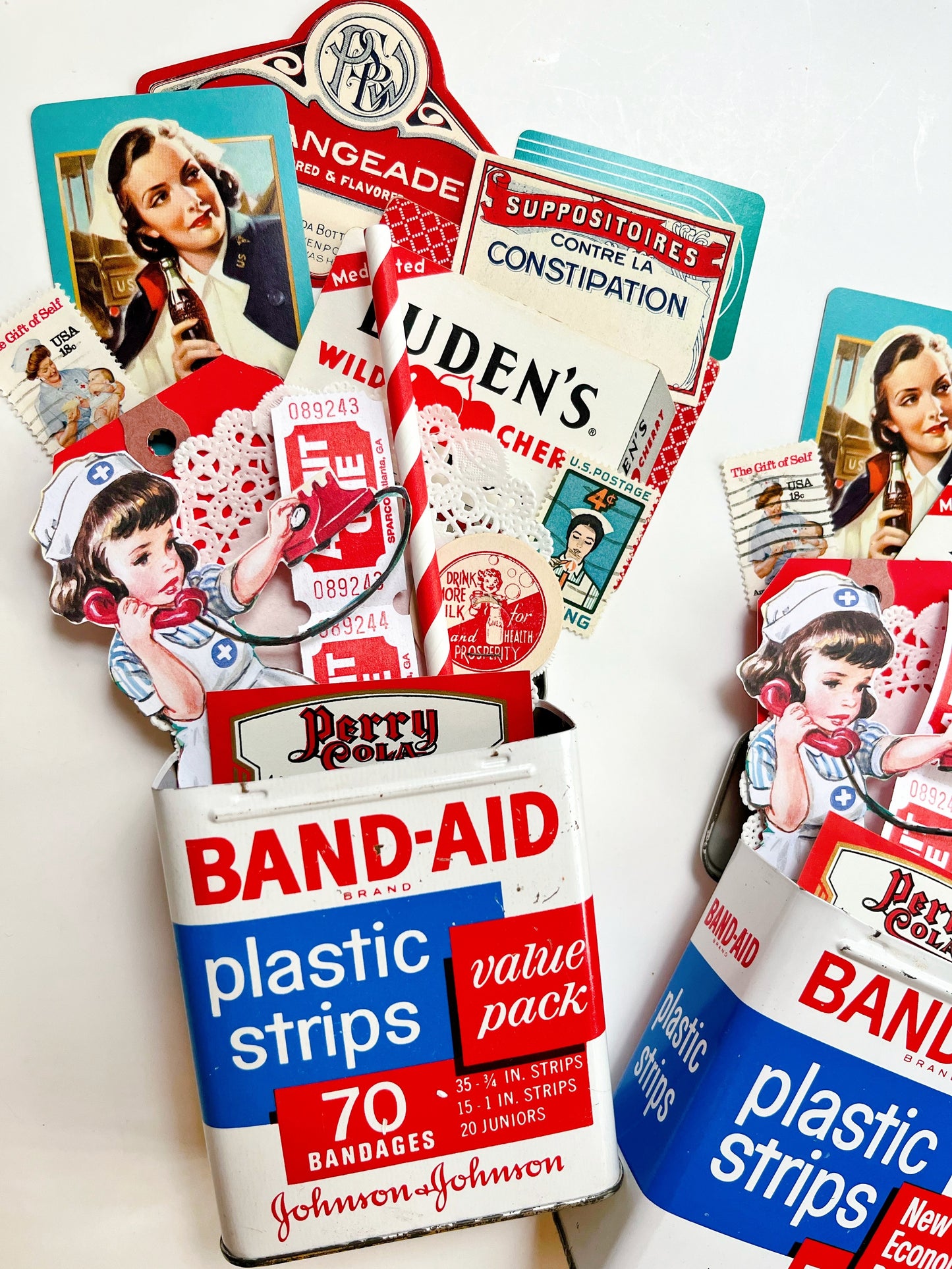 “Hello Nurse” ephemera collection in vintage Band-Aid tin