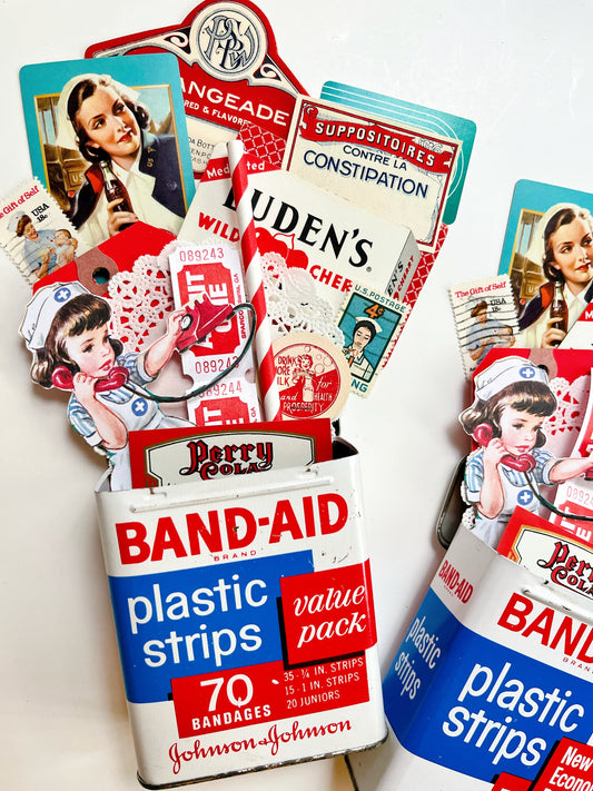 “Hello Nurse” ephemera collection in vintage Band-Aid tin