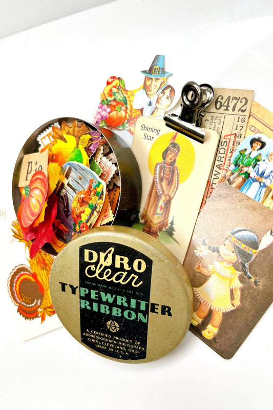 Vintage typewriter tin with Thanksgiving ephemera